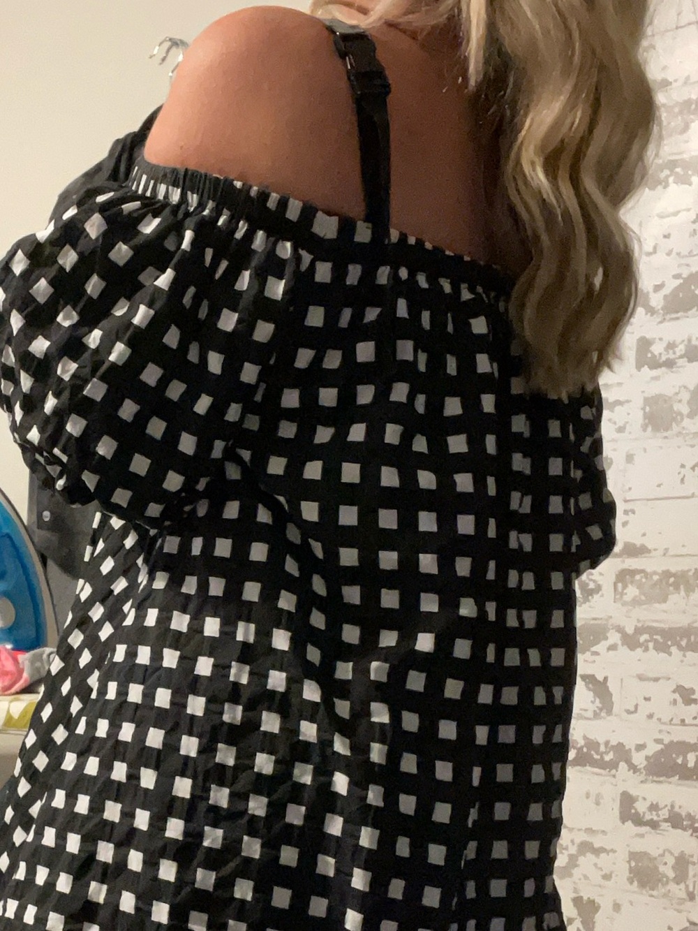 Setirom Black White Check Puff Sleeve Off Shoulder Mini Dress Small - Picture 9 of 9